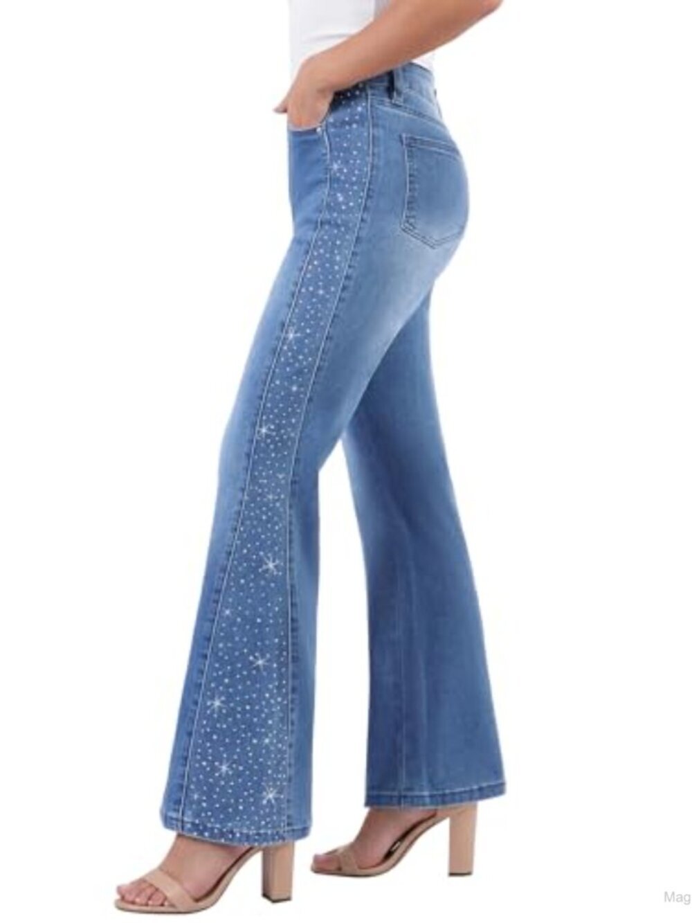 High Waisted Rhinestone Flare Jeans Women Wide Leg Sparkly Stretchy Bell Bottom